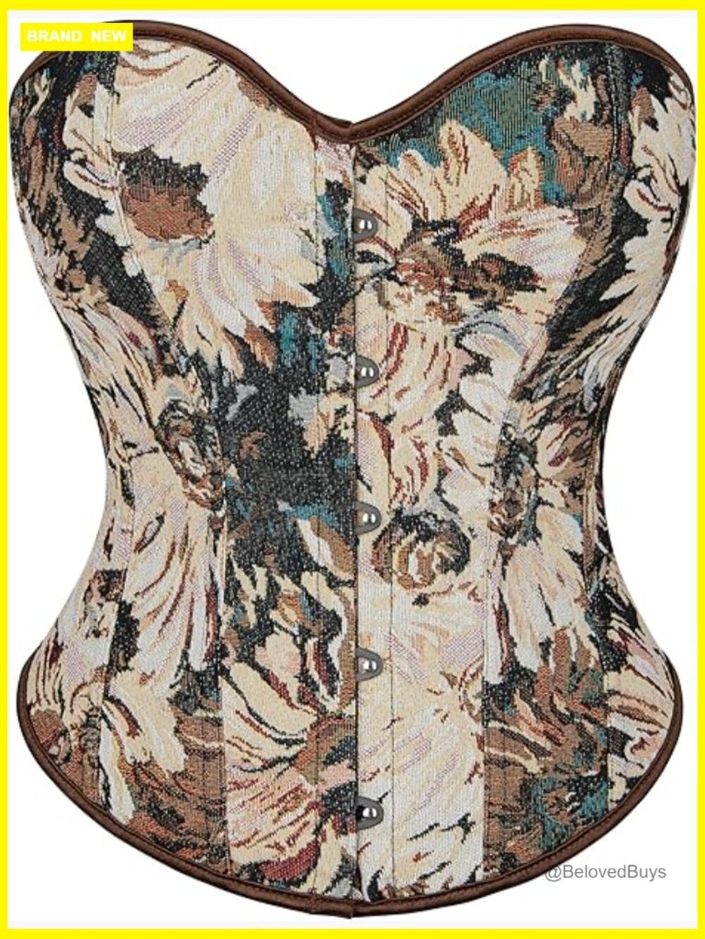 Vintage Floral Satin Boned Overbust Corset Top with Lace Up Back